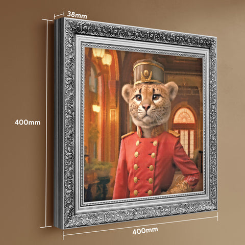 Luxury cheetah portrait wall art featuring a cheetah in red uniform with a baroque silver frame, vintage animal painting for UK home decor with frame measurements