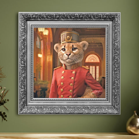 Luxury cheetah portrait wall art featuring a regal cheetah in red uniform with ornate silver frame, vintage animal painting for UK home decor
