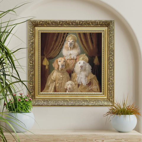 Royal dog family portrait wall art featuring four royal golden retrievers in vintage regal clothing in a gold ornate frame on a cream wall