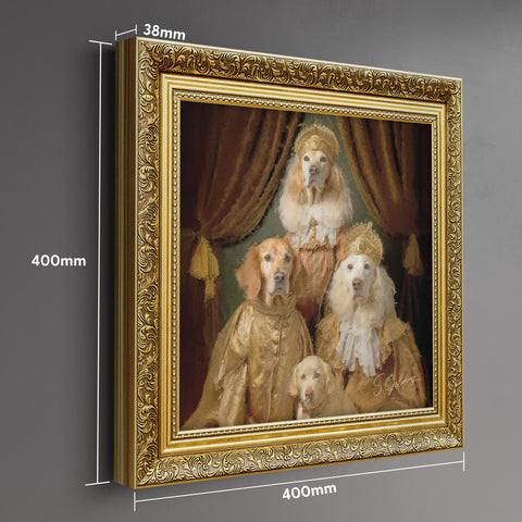 Royal dog family portrait wall art featuring four aristocratic golden retrievers in vintage clothing in a gold baroque frame and dimensions displayed