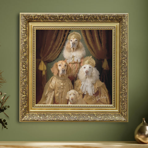 Royal dog family portrait wall art featuring four aristocratic golden retrievers in vintage clothing with ornate gold frame on green wall