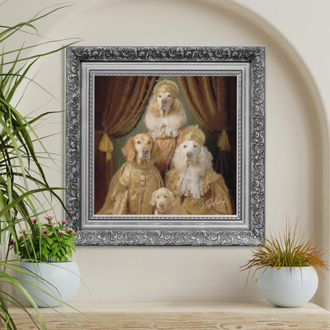 Royal dog family portrait wall art featuring four royal golden retrievers in vintage regal clothing in a silver ornate frame on a cream wall