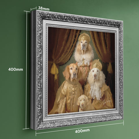 Royal dog family portrait wall art featuring four aristocratic golden retrievers in vintage clothing with a silver frame showing frame dimensions