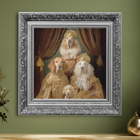 Royal dog family portrait wall art featuring four aristocratic golden retrievers in vintage clothing with a baroque silver frame on a green wall