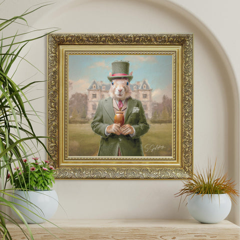 Squirrel portrait wall art featuring an aristocratic squirrel in green suit and top hat with ornate gold frame, vintage animal decor for UK home