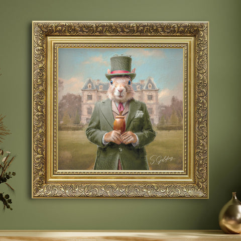 Squirrel portrait wall art featuring an aristocratic squirrel in a green suit and top hat with baroque gold frame, vintage animal decor for UK home