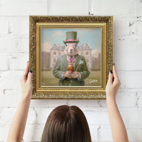 Squirrel portrait wall art featuring an aristocratic squirrel in green suit and top hat with ornate gold frame, ready to hang artwork