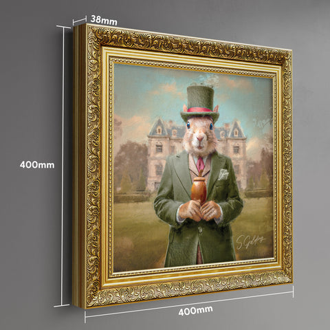 Squirrel portrait wall art featuring an aristocratic squirrel in green suit and top hat with ornate gold frame, vintage animal decor for UK home with product dimensions