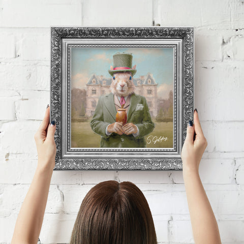 Squirrel portrait wall art featuring an aristocratic squirrel in a green suit and top hat with baroque silver frame, vintage animal decor for UK home