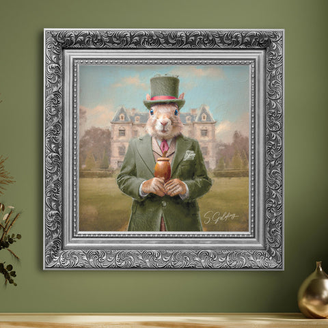 Squirrel portrait wall art featuring an aristocratic squirrel in a suit and top hat with an ornate silver frame, vintage animal decor for UK home