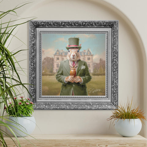Squirrel portrait wall art featuring an aristocratic squirrel in a suit and top hat with ornate baroque silver frame, vintage animal decor for UK home