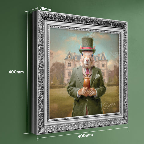 Squirrel portrait wall art featuring an aristocratic squirrel in green suit and top hat with ornate silver frame, vintage animal decor for UK home with product dimensions