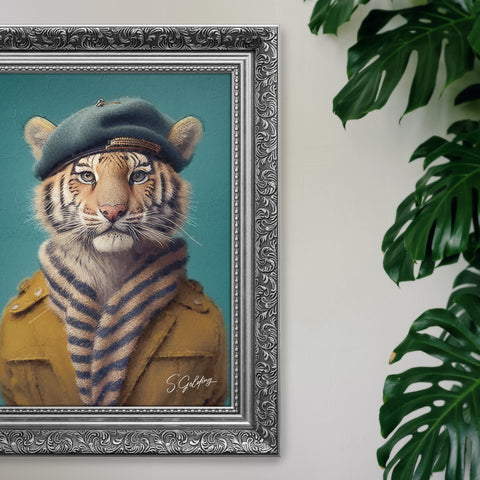 Tiger wall art in a baroque silver frame with an S.Golding Signature