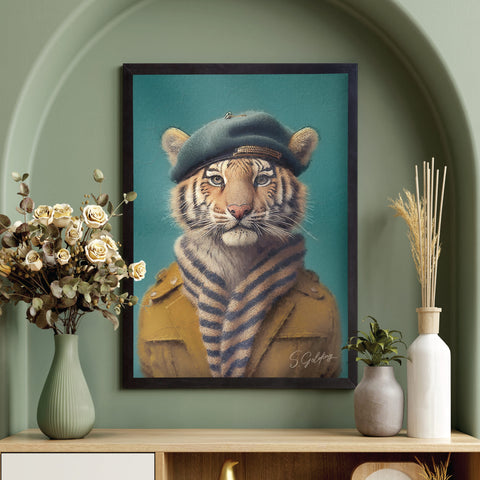 Tiger wall art wearing a coat and beret in a black A2 frame in a UK home setting, art by S.Golding