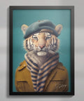 Tiger wall art wearing a coat and beret in a black A2 frame UK. Art by S.Golding
