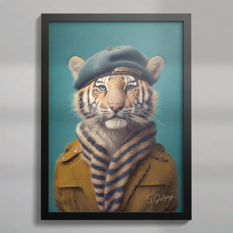 Tiger wall art wearing a coat and beret in a black A2 frame UK. Art by S.Golding