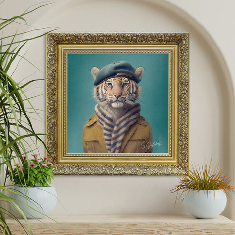 Tiger portrait wall art featuring a tiger in beret and scarf with ornate gold frame, vintage animal decor for UK home