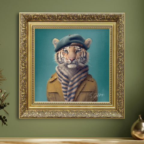 Tiger portrait wall art featuring a tiger in beret and scarf with a luxury baroque gold frame, vintage animal decor for UK home