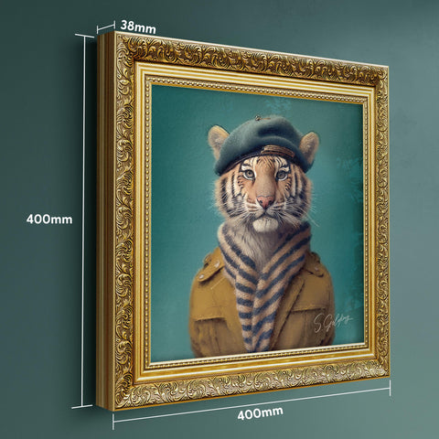 Framed artwork of a tiger wearing a hat and coat in a luxury gold frame with dimensions displayed.