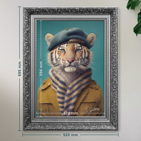 Tiger framed artwork wearing a beret and jacket, displayed in an ornate silver frame, with dimensions marked on the sides. Designed By S.Golding