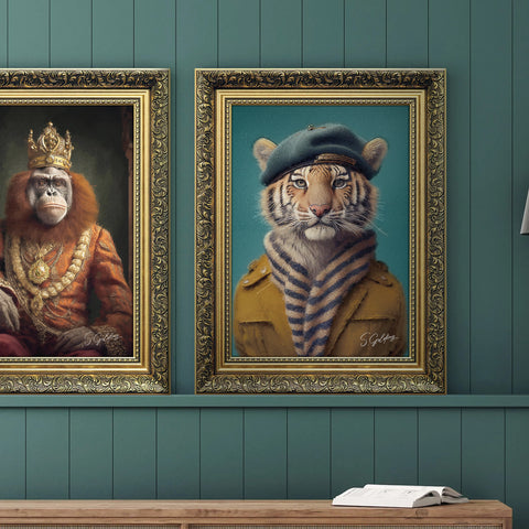 Tiger framed artwork, The tiger is wearing a coat and beret and is in a luxury gold frame. Artwork created by S.Golding