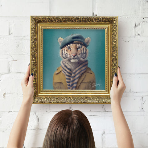 Tiger portrait wall art featuring a tiger in beret and scarf with ornate gold frame,  ready to hang vintage animal decor for UK home