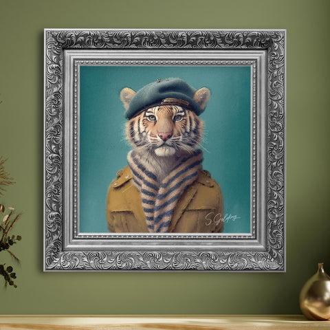 Tiger portrait wall art featuring a tiger in beret and scarf with a baroque silver frame, vintage animal decor for UK home