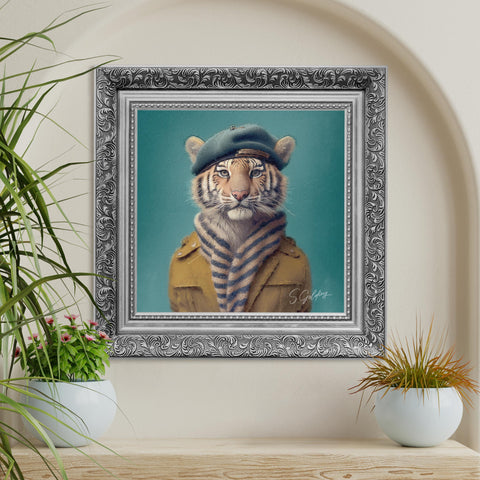 Tiger portrait wall art featuring a tiger in beret and scarf with an ornate silver frame, vintage animal decor for UK home