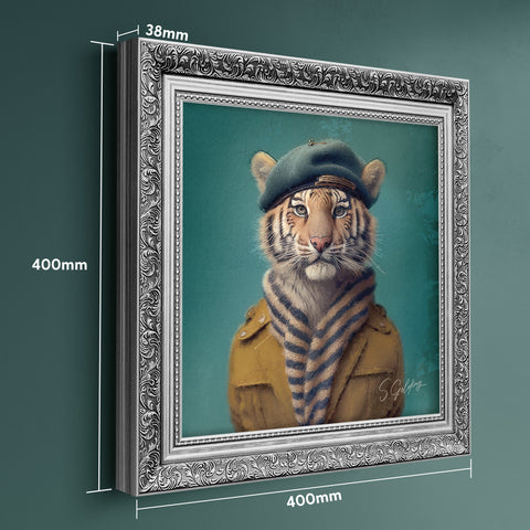 Framed artwork of a tiger wearing a hat and coat in a luxury silver frame with dimensions displayed.