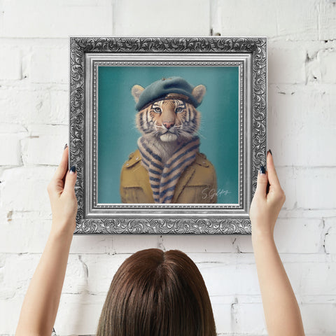 Tiger portrait wall art featuring a tiger in beret and scarf with ornate silver frame, ready to hang vintage animal decor for UK home